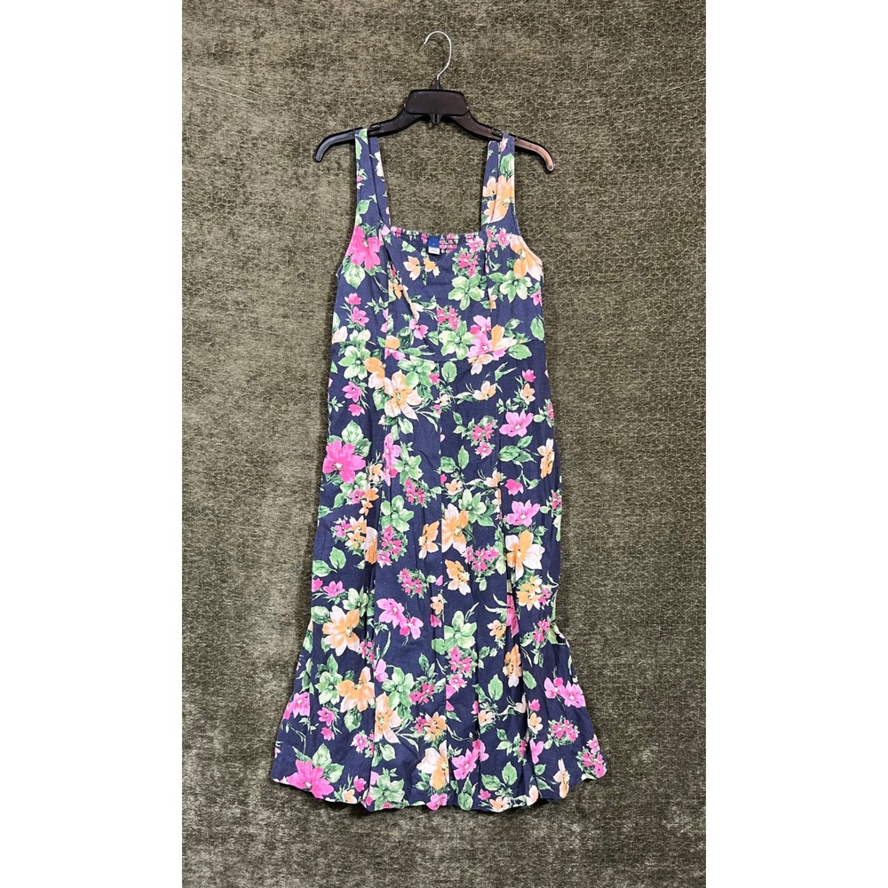 Old Navy Midi Dress Womens Large Navy Blue Floral Linen Blend Smocked Back
